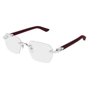 Rimless eyeglasses with rectangular clear lenses, silver hardware, and burgundy temples.