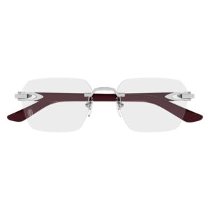 Clip-on sunglasses with square clear lenses, burgundy temples, and a slim metal bridge.