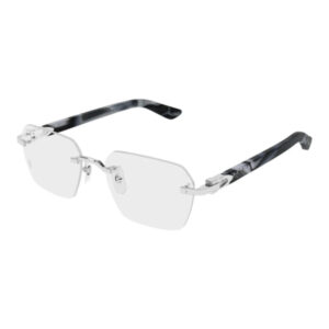 Rimless sunglasses with light gray lenses and marble-patterned temples.