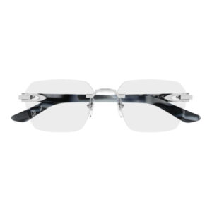 Rimless rectangular sunglasses with a slim silver bridge and dark marbled temples.
