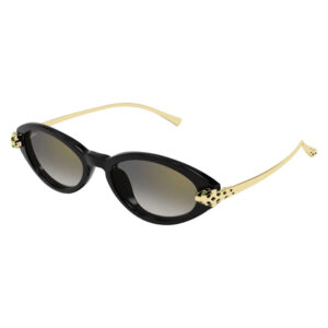 Black oval sunglasses with gold-tone temples and gradient lenses, decorative hinge details on each side.