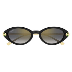 Black oval cat-eye sunglasses with gold-tone temples and a gold bridge, Cartier branding on the lenses.