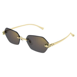 Gold-toned rectangular sunglasses with gradient lenses and ornate leopard-print accents at the hinges, fashion eyewear.