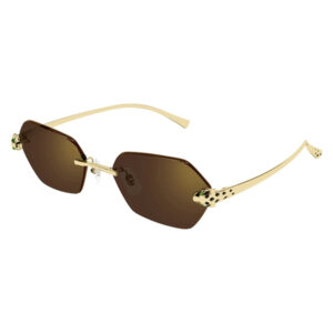 Gold-framed sunglasses with brown gradient lenses and leopard-print accents near the hinges.