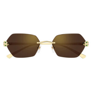 Gold metal-framed rectangular sunglasses with brown lenses and nose pads, decorative stones at the temples.