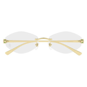 Gold-toned rimless glasses with oval lenses, adjustable nose pads, emerald-green gem accents at the temple tips; Cartier on the arm.