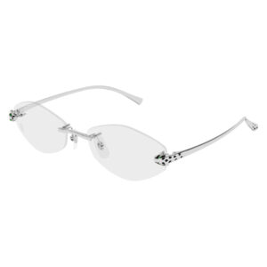 Rimless oval sunglasses with a silver metal frame and patterned temple tips.