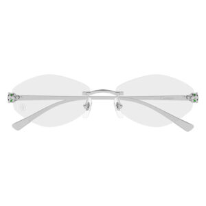 Rimless oval eyeglasses with thin metal frame and clear nose pads, Cartier-branded temples with small gemstone accents at the hinges