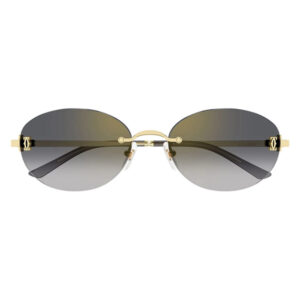 Oval gradient sunglasses with a gold metal frame and dark-to-light gray lenses.