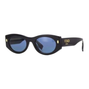 Black Fendi sunglasses with rounded oval blue-mirrored lenses and gold lettering on the temples.