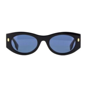 Black wraparound sunglasses with blue lenses on a white background.