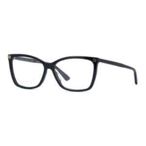 Black rectangular Gucci eyeglasses with clear lenses, showcasing dark frames and brand subtly visible on the lens and temples.