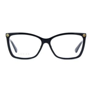 Black rectangular Gucci eyeglasses with gold logo accents at the outer corners, front view.