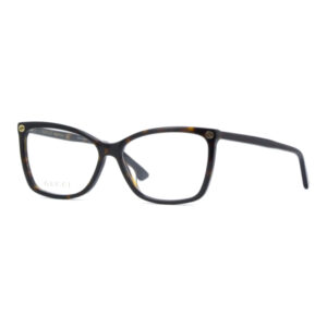 Gucci tortoiseshell rectangular eyeglasses with clear lenses and brand visible on the left lens
