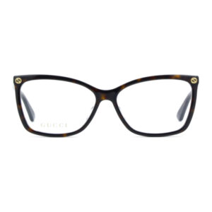 Gucci tortoiseshell rectangular eyeglasses with clear lenses and small gold logos near the hinges on each temple.