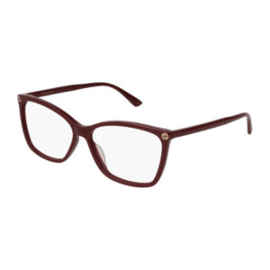 Gucci rectangular eyeglasses with burgundy acetate frame and gold logos on the temples.
