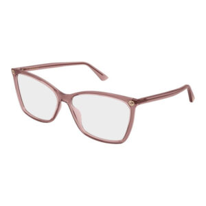 Pink translucent rectangular eyeglasses with a subtle gold logo on the temples against a white background, product photo used for eyewear listing.