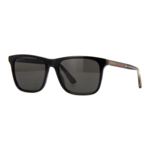 Black rectangular sunglasses with dark lenses and a striped design on the right temple.
