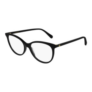 Black Gucci eyeglasses with rounded frames and clear lenses on a white background.