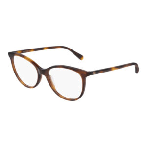 Gucci tortoiseshell eyeglasses with round-rectangular frames and brown-gold temples with a small logo on the arm