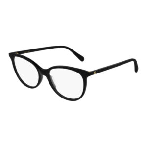 Black Gucci eyeglasses with full-rim frames and a small gold Gucci logo on the temple.
