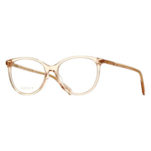 Gucci translucent pink eyeglasses with round-to-oval frames on a white background, showcasing clear lenses.