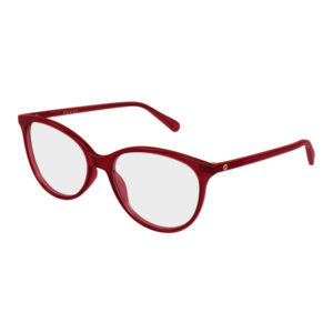 Red Gucci sunglasses with gray lenses and gold-accented temples, in a rounded-cat-eye frame style.