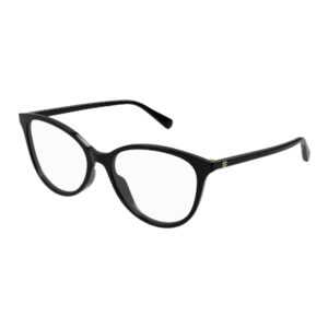 Black plastic eyeglasses with rounded rectangular frames and a small gold logo on the temple, shown at an angle to reveal both lenses and sides.