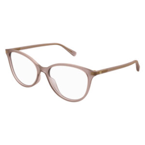 Pink translucent eyeglasses with full-rim frames and slim temples.