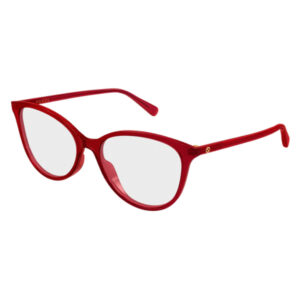 Red Gucci sunglasses with round cat-eye frames and gray lenses.