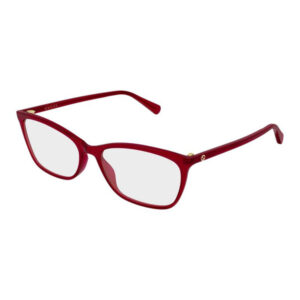 Red Gucci eyeglasses with rectangular frames and light gray lenses, angled to show side arms