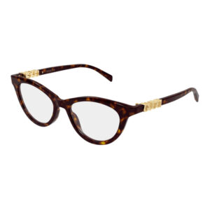 Tortoiseshell eyeglasses with round frames and gold Gucci detailing on the temples.