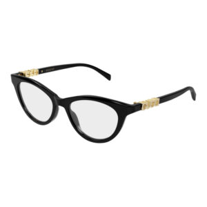 Black Gucci sunglasses with gray lenses and gold-tone logo accents on the temples, cat-eye shape.
