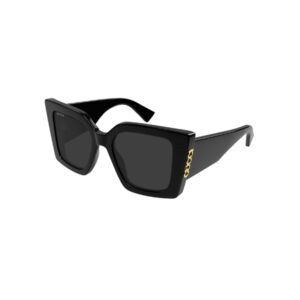 Black oversized square sunglasses with dark lenses and a gold chain detail along the temple