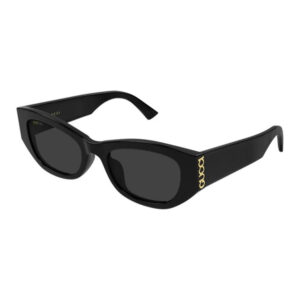 Black Gucci sunglasses with dark lenses and a gold chain detail on the temple arm.