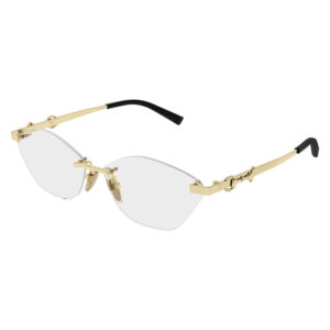 Gold metal sunglasses with clear lenses and black temple tips, stylish rimless design.