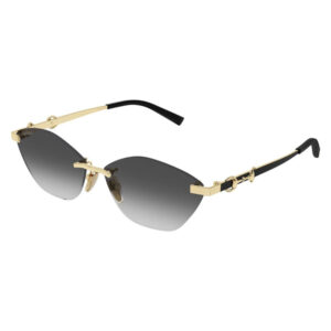 Gucci gold-tone sunglasses with gradient gray lenses and black temple tips, oval rimless style.