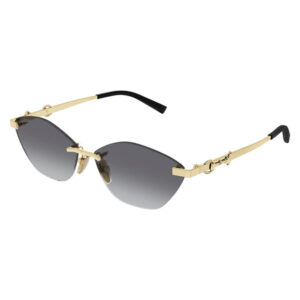 Gucci gold-tone metal sunglasses with gradient gray lenses and black tips on the temples.