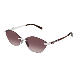 Sunglasses with a silver metal frame and brown gradient lenses, tortoiseshell-pattern temples extending from the sides.