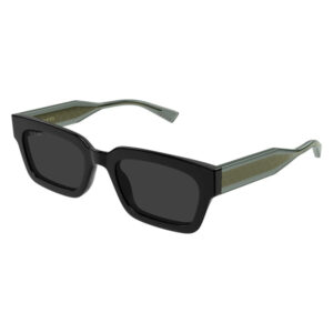 Gucci black rectangular sunglasses with green-accented arms and dark lenses, angled to show side profile
