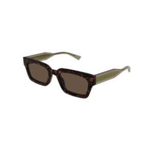 Tortoiseshell rectangular sunglasses with olive-green arms photographed at a slight angle.
