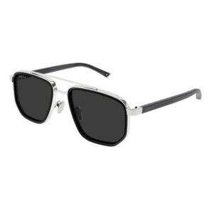 Gucci sunglasses with a silver frame, black lenses, and dark gray temples on white background.