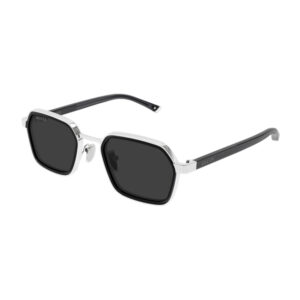 Gucci square sunglasses with a silver frame, black lenses, and black temples.