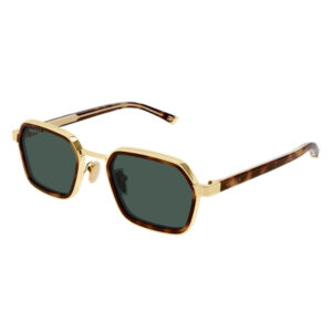 Gucci sunglasses with gold-tone rectangular frames, tortoiseshell temples, and dark green lenses.