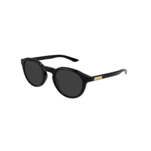 Black round-frame sunglasses with dark lenses and a gold Gucci logo on the temple, sleek and stylish accessory