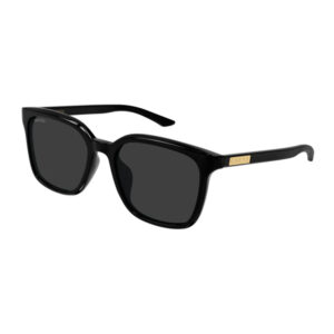 Black Gucci sunglasses with square frames, dark lenses, and a gold Gucci logo on the temple.