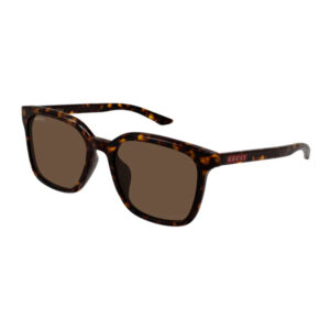 Gucci tortoiseshell sunglasses with brown lenses and logo on the temple.