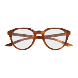Gucci tortoiseshell round eyeglasses with clear lenses and logo on the temple
