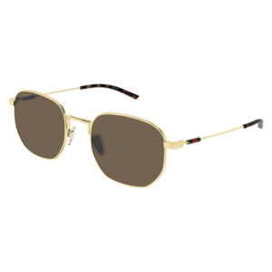 Gucci gold-tone aviator sunglasses with brown lenses and green-red-green brand stripes on the temples.
