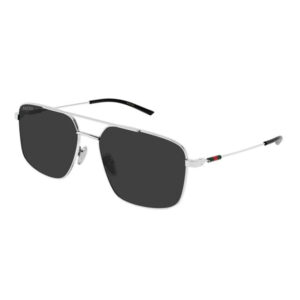 Gucci aviator sunglasses with a silver frame and dark lenses, featuring nose pads and branding on the temple.